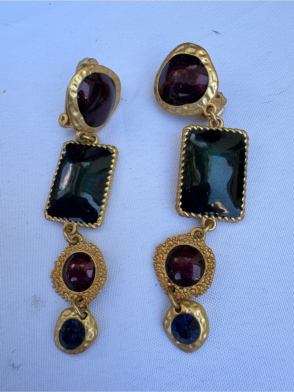 Gold-Tone Multi-Stone Drop Earrings - Green, Burgundy & Blue